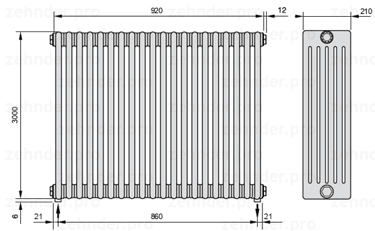 Схема (чертеж) Радиатор Zehnder Charleston 6300/20 №3570 Белый глянцевый RAL 9016